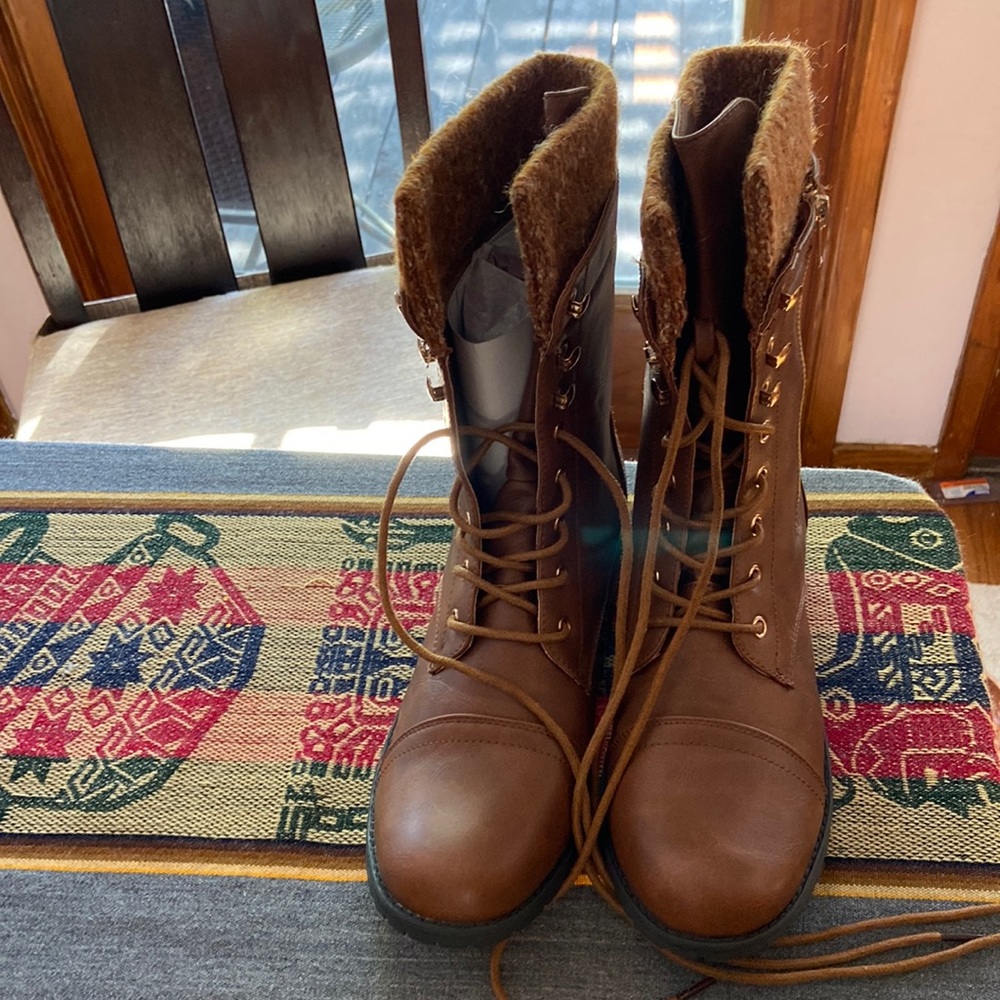 Brown lace up boots with soft upper fabric size 10